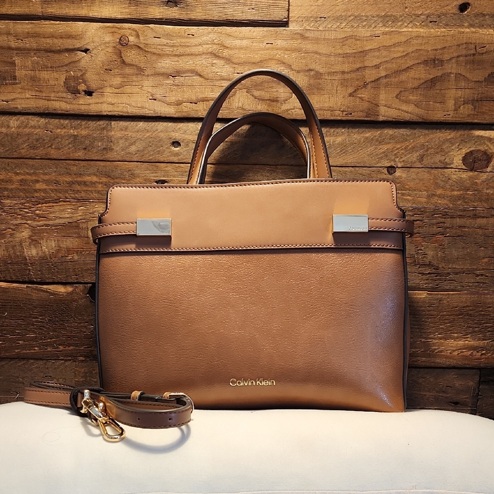 Calvin Klein Tan Leather Satchel Crossbody Purse